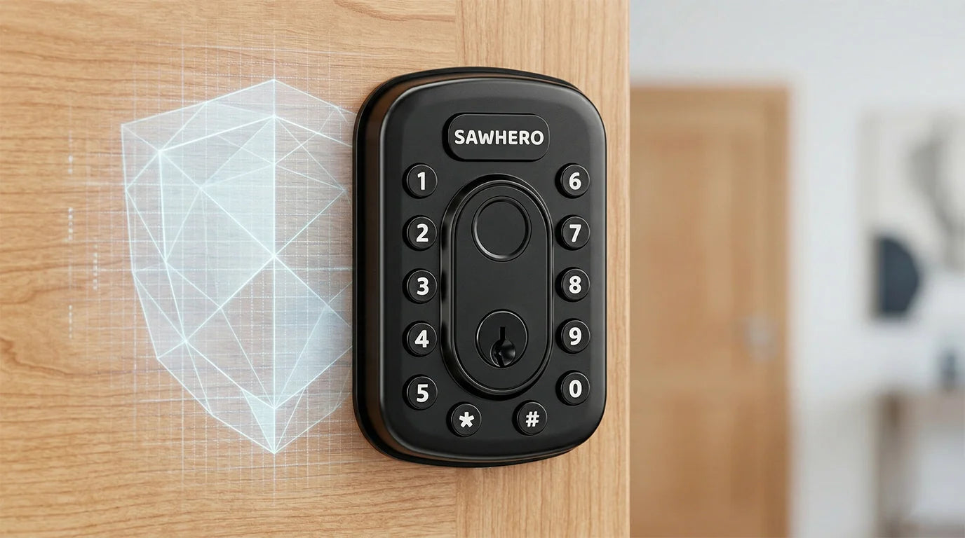 High-end smart lock on a wooden door with a digital security shield overlay representing data breach protection.