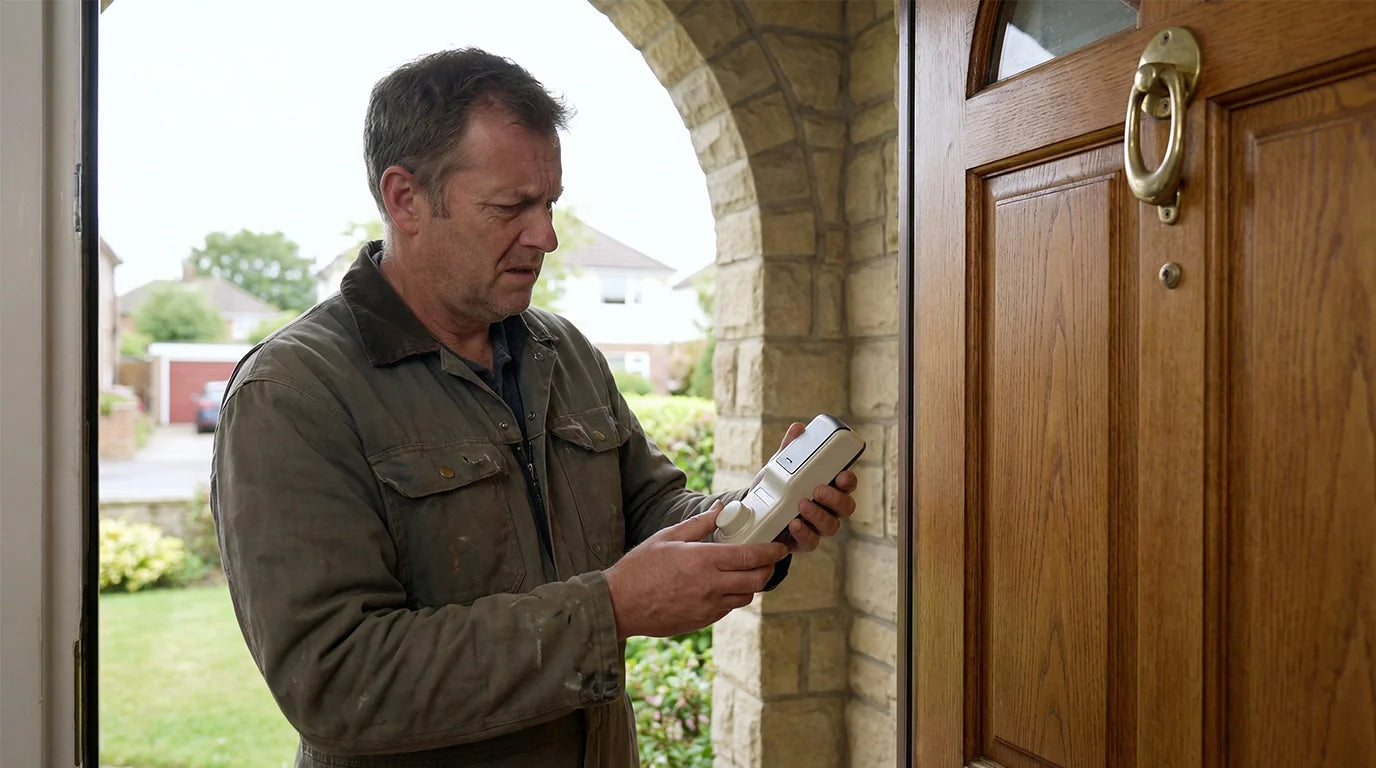 Frustrated homeowner holding an incompatible cheap smart lock next to a standard front door.