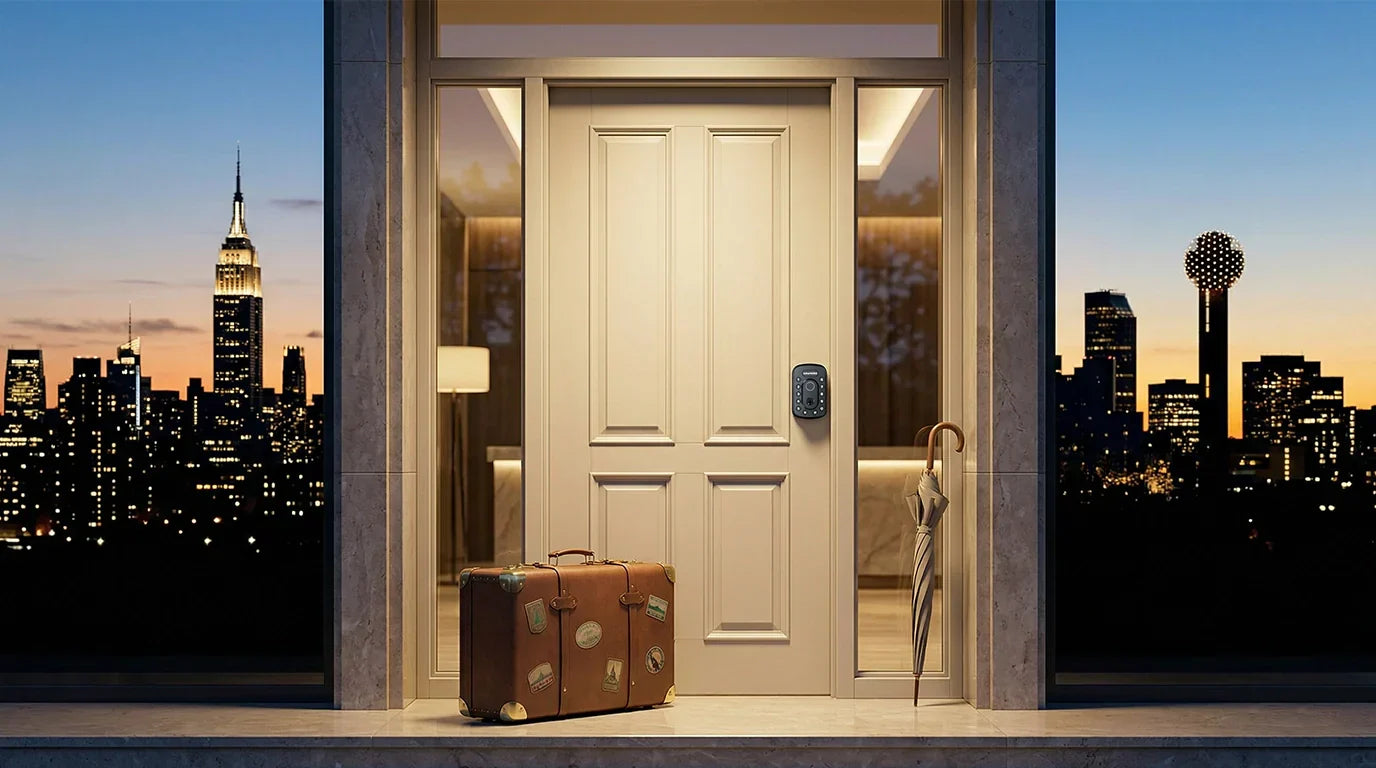 Portable smart lock installed on a rental apartment door with a travel suitcase in 2026 city setting.