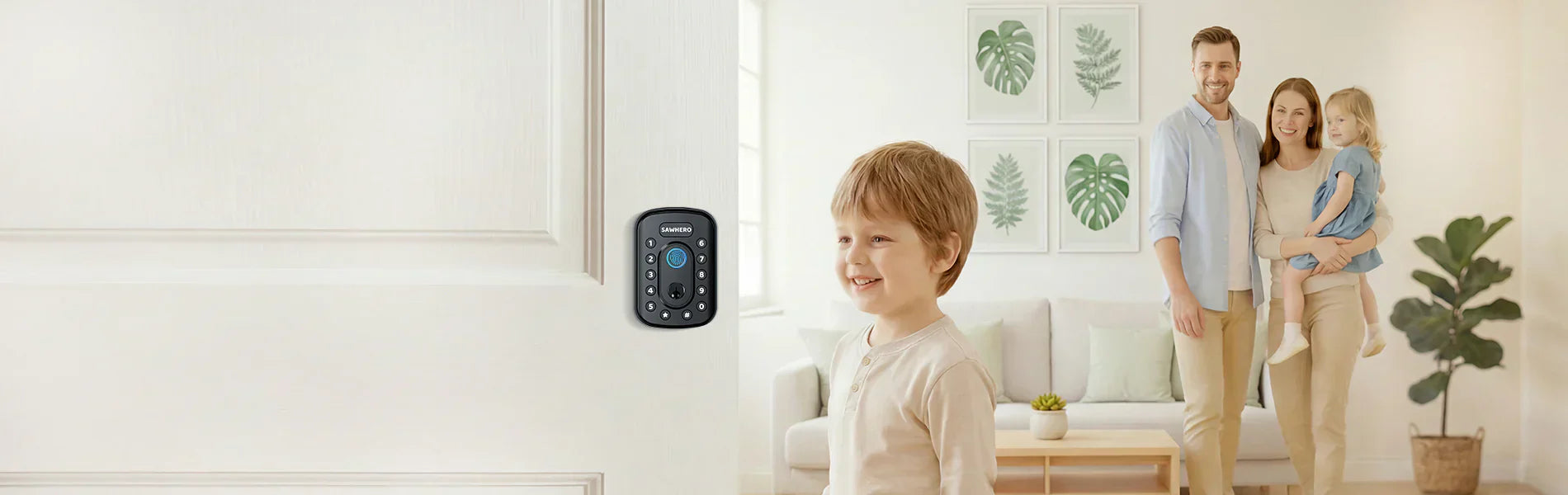 Keyless entry system for family homes: SAWHERO smart deadbolt with fingerprint and keypad unlock featuring a compact design.