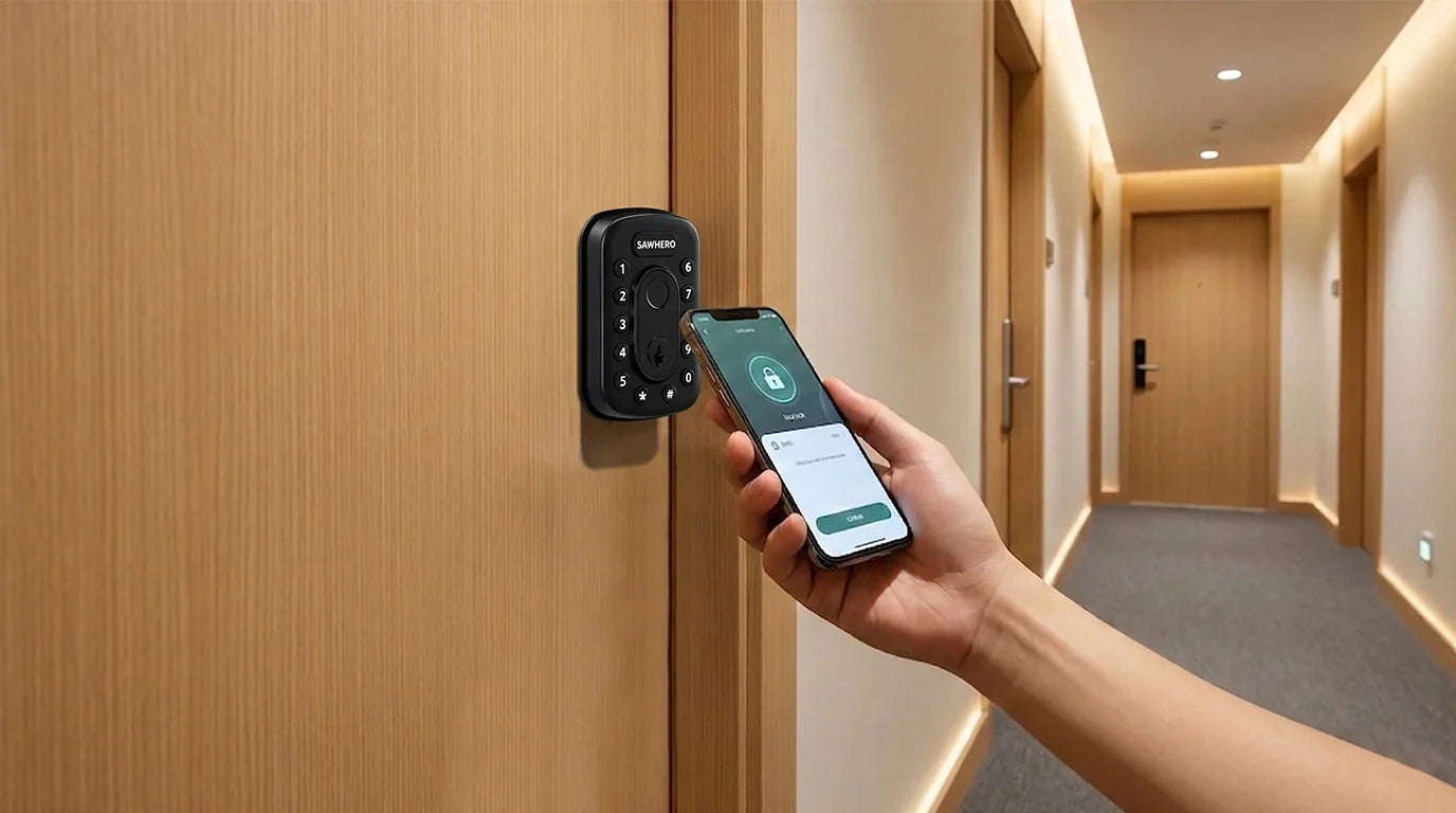 Person unlocking modern apartment door using a smartphone app with a smart lock installed.