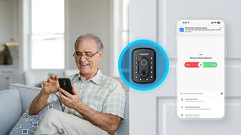 Elderly person using smartphone to unlock a smart door lock at a cozy home entrance.