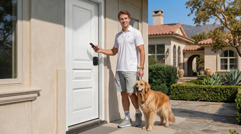 Happy guest using smartphone for keyless entry at an Airbnb rental with SAWHERO A1 smart lock.