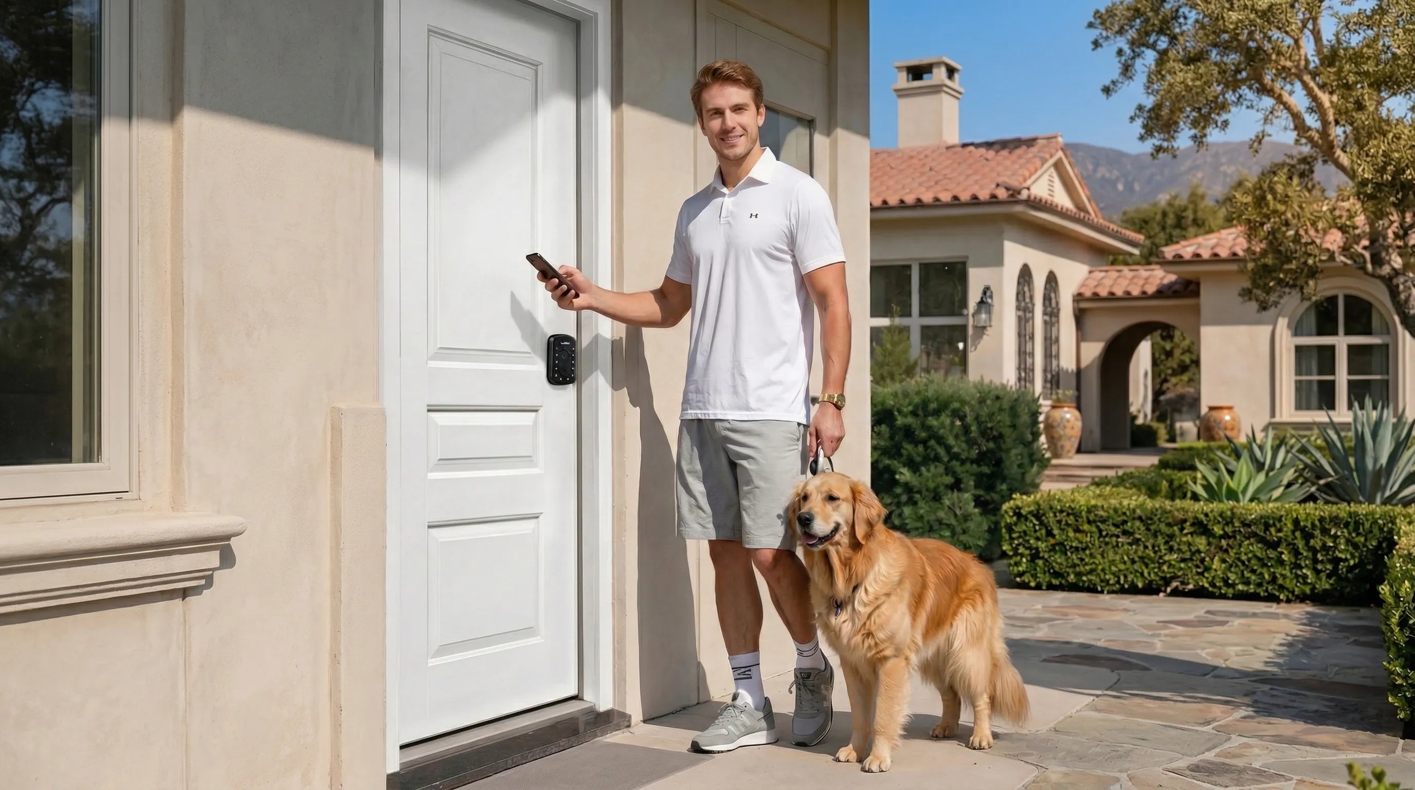 Happy guest using smartphone for keyless entry at an Airbnb rental with SAWHERO A1 smart lock.