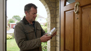 Frustrated homeowner holding an incompatible cheap smart lock next to a standard front door.