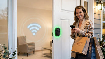 User entering home with hands-free outdoor smart lock auto-unlocking instantly