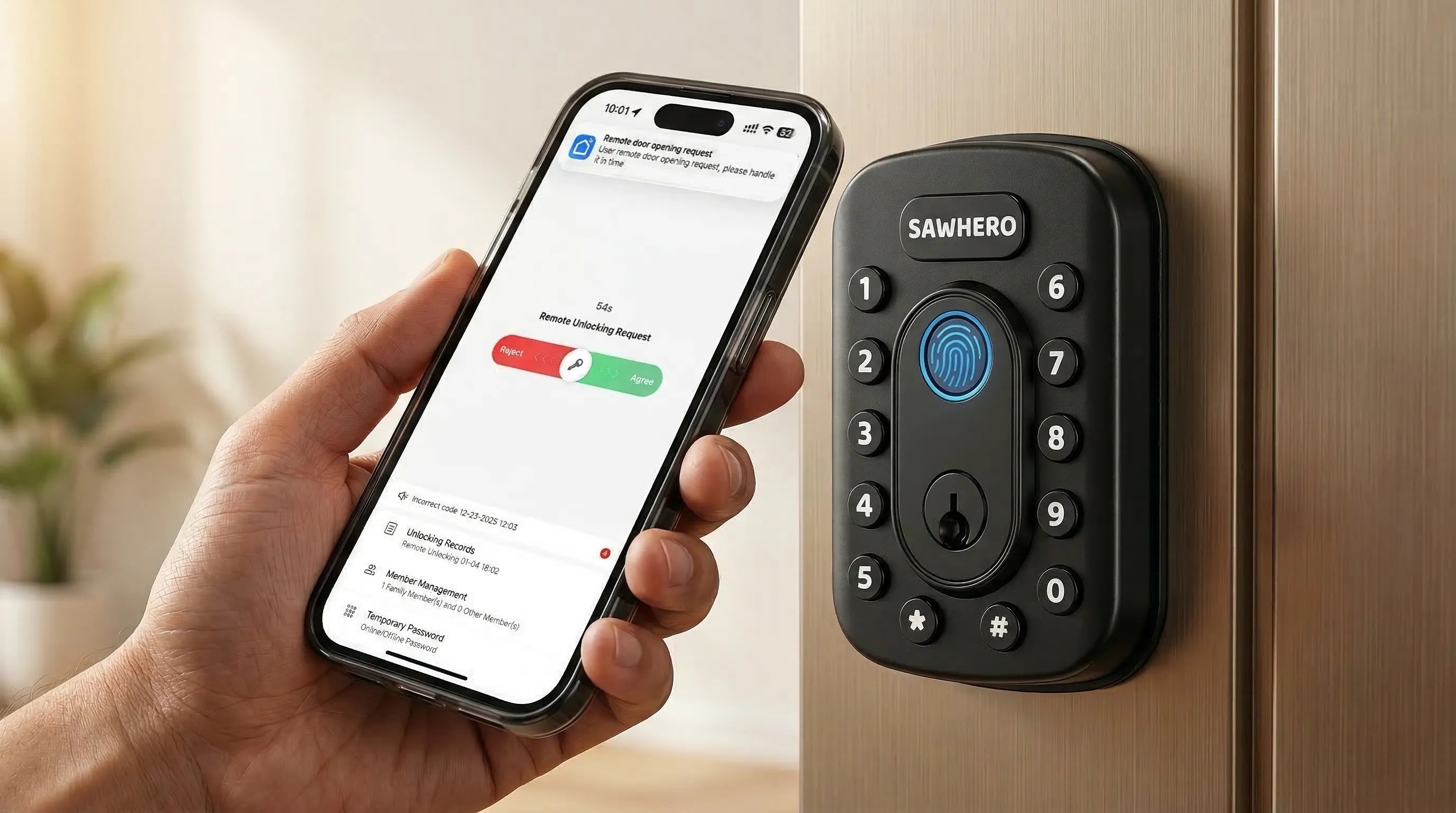 Close-up of a smartphone screen unlocking a sleek smart door lock in a modern apartment entryway.