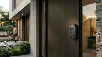SAWHERO A1 smart door lock with integrated fingerprint sensor and keypad installed on a modern wooden front door, featuring a minimalist 16:9 lifestyle design.
