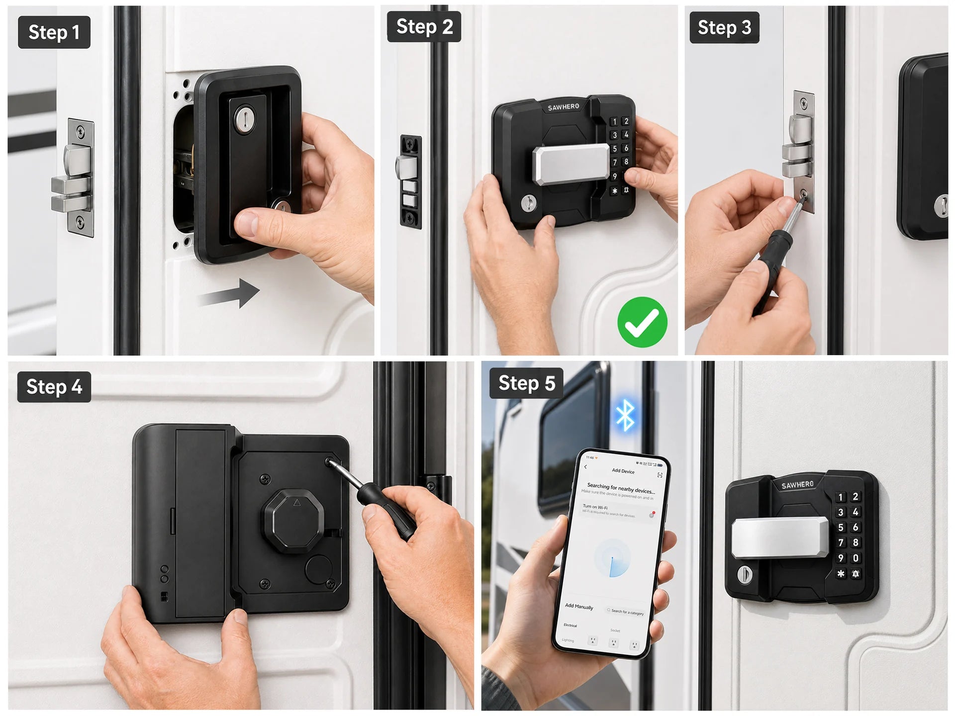 Five illustrated steps for fitting, securing, and testing the R8 door lock
