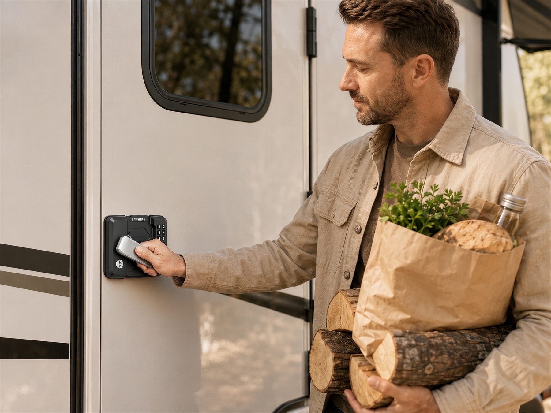 A traveler pressing down the R8 handle on an RV door