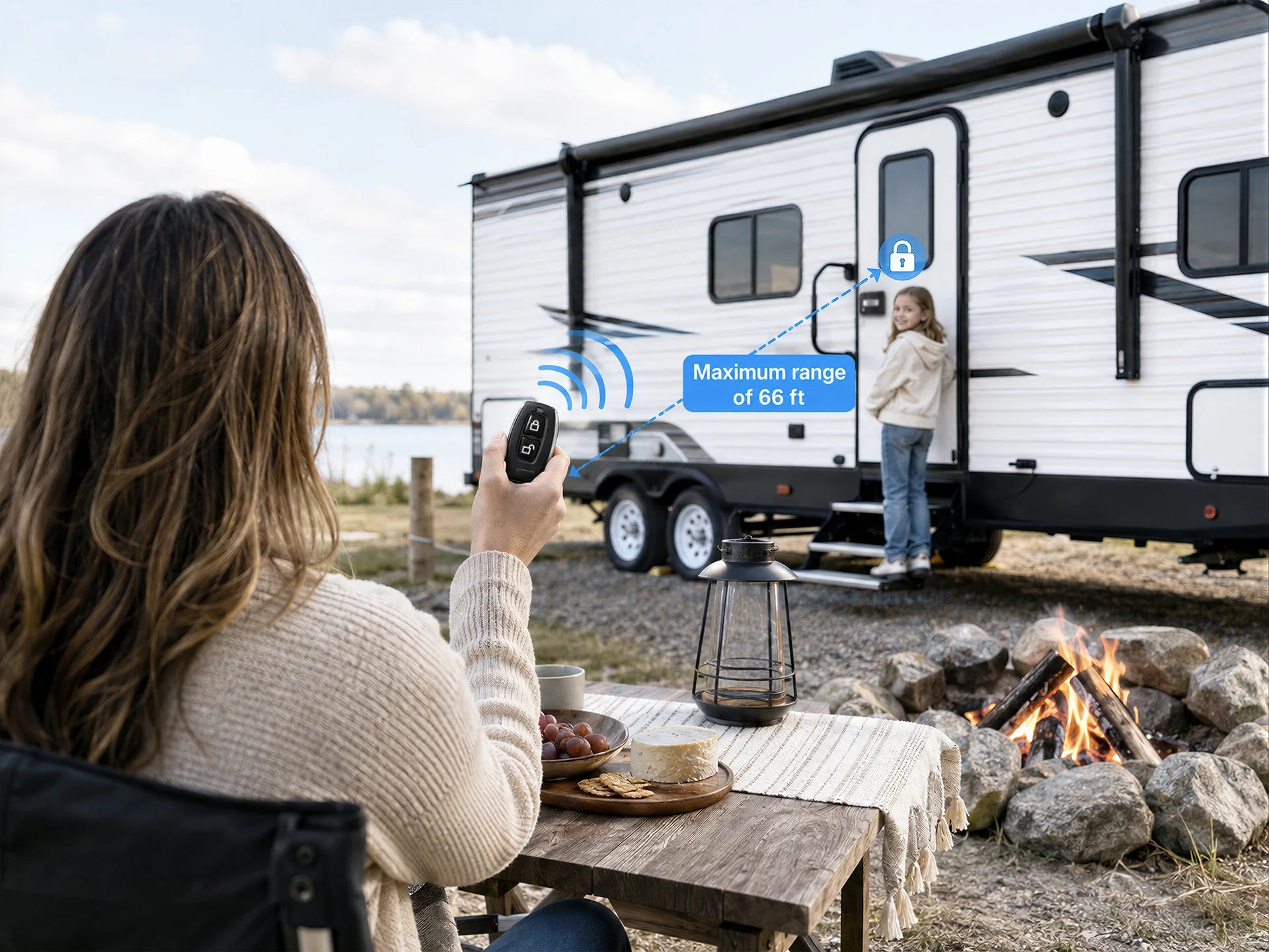 A traveler using the R8 remote control near an RV door