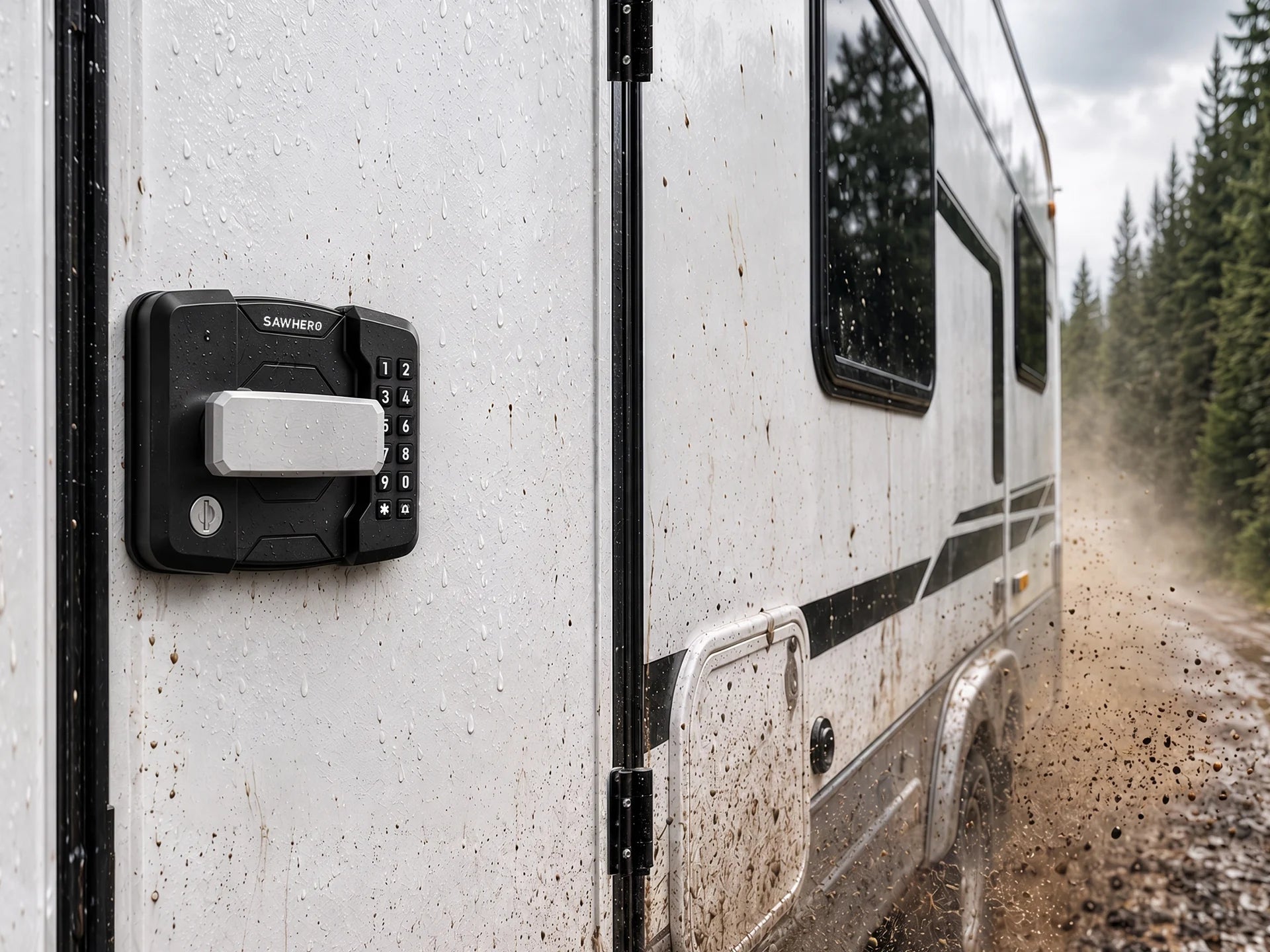 R8 installed on an RV door during wet and muddy road travel