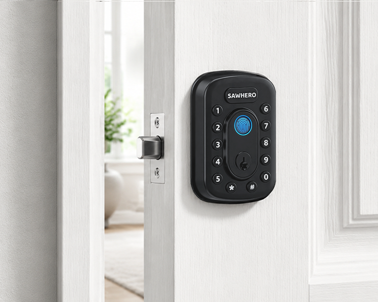 SAWHERO A1 smart lock installed on a residential door