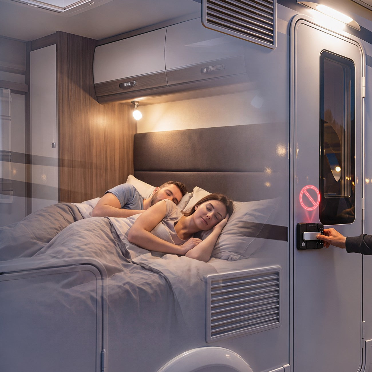 A couple resting inside their RV while the R8 interior mechanical lock blocks exterior access
